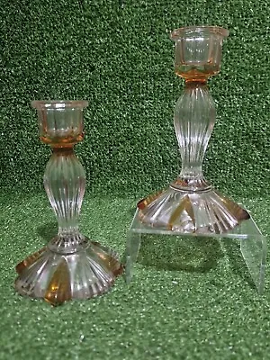 Buy Art Deco Style Cut Glass Candlesticks One Pair 14.5cm Clear & Amber Colour Glass • 16.99£