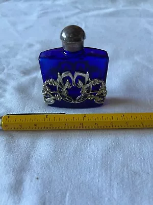 Buy Vintage Cobalt Blue Perfume Bottle White Metal Decoration • 0.99£