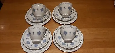 Buy Royal Osborne 4 Place Teaset Blue Trellis Gold Rim Plate, Saucer, Cup     • 24£