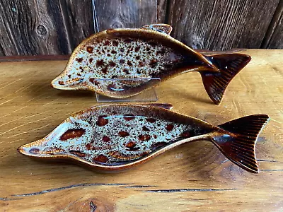 Buy 2 X Vintage Fosters Pottery Cornwall Brown Honeycomb Design Dolphin Trinket Dish • 8£