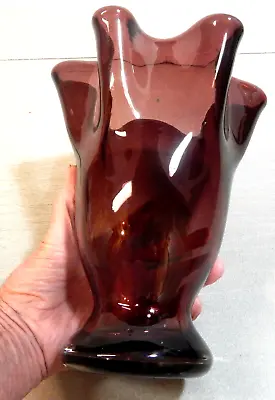 Buy Vintage Amethyst Glass Vase  Ruffled Crimped Large 9 1/2 X 7 3/4  • 19.28£