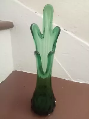 Buy Vintage Green Glass Fluted Swung Trunk Vase Pulled Ribbed Design 10 Inch Tall • 13£
