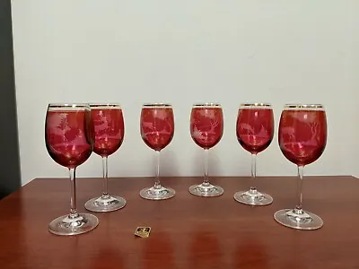 Buy Set Of 6 Bohemia Wine Glasses Engraved Rose Colored Hunting Moose Deer Trees • 65.36£