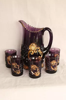 Buy Eapg Riverside Glass Amethyst Gold DÉcor. Croesus Water Set Pitcher 5 Tumblers • 568.33£