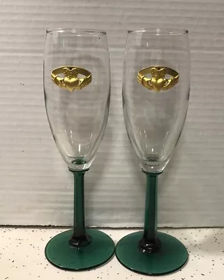 Buy Irish   Claddagh Champagne Flutes With Emerald Green Stems • 23.78£