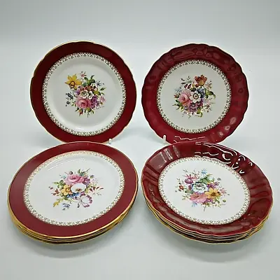 Buy 8 Piece Set, Hammersley Red/Burgundy Floral, Saucers And Side Plates, Bone China • 20£