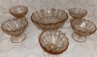 Buy Art Deco Style Pink Glass Bowl And 5 Dessert Dishes • 40£