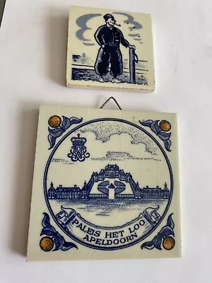 Buy 2x Small Antique Hand Painted Blue And White Delft Holland Tiles • 23£