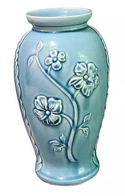 Buy Beautiful Vintage Blue Glazed Pottery Embossed Flowers Vase 8.75'' High • 20.42£