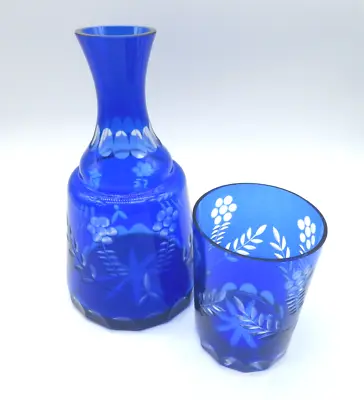 Buy VTG Bohemian Crystal Glass Cut To Clear Tumble Up Decanter Cobalt Blue Hand Made • 72.04£