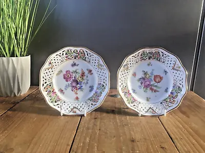 Buy 2 Antique German Schumann Porcelain Floral Sprays Basket Weave Cabinet Plates • 35£