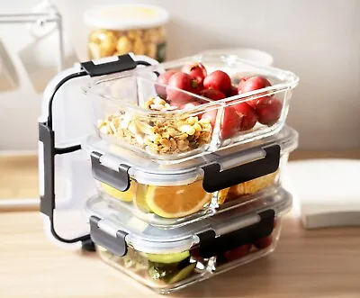 Buy 2-Compartment Glass Meal Prep Containers With Snap Lock Lids - 3 Pack By Houszy • 22.99£