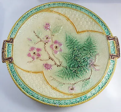Buy Antique Victorian  English Majolica Fern  Leaf & Pink Flower Plate • 19.95£