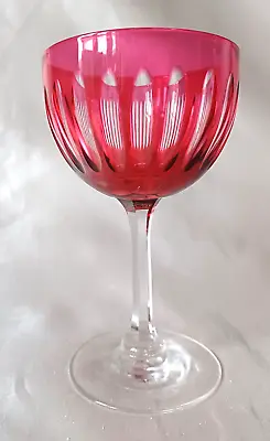 Buy Cranberry On Clear Overlay Flute Cut Cup Bowl Wine Glass  E20thC • 16£