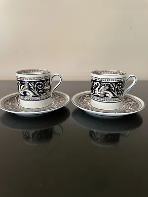 Buy Vintage Wedgewood Demitasse Cup Saucer Set Of 2 Dark Blue Florentine Porcelain • 38.61£