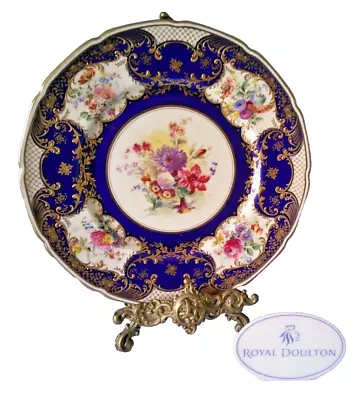 Buy Royal Doulton C. 1920s Cabinet Plate Floral Encrusted Gold Cobalt Blue Stunning • 175£