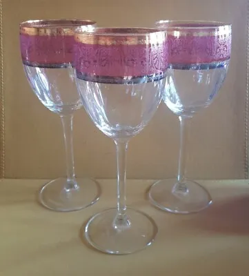 Buy Vintage Baroque 24 K Gold & Cranberry Band Crystal Stemware Wine Glasses X 3 • 20£