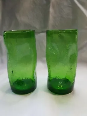 Buy 2 Hand Blown Emerald Green Crackled Thumbprint Drinking Glasses Highball VINTAGE • 23.71£