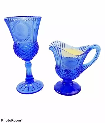 Buy Vintage Fostoria Glass Cobalt Blue Goblet Pitcher George Washington Mt Vernon • 16.97£