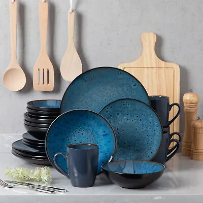 Buy Vancasso BUBBLE Dinner Set Kiln Glaze Blue Stoneware Dinner Service Plates Bowl • 85.99£