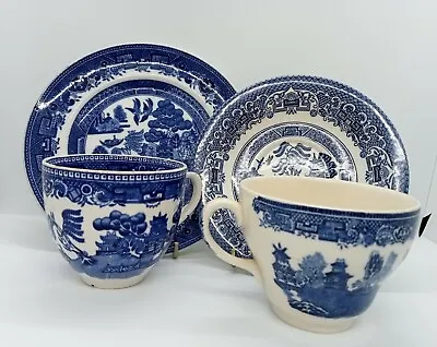 Buy Vintage Missed Matched Willow Blue & White Cup & Saucers Fenton Victoria  • 6£