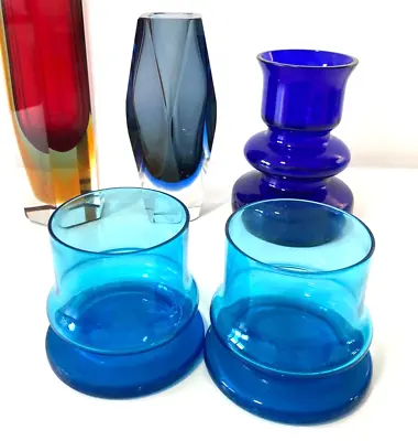Buy Kingfisher Blue Hooped Glass Vases  Scandi Finnish  1960s 70s MCM Style • 27£
