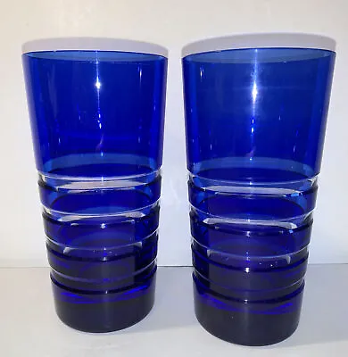 Buy Cobalt Blue With Clear Rings Highball Drinking Glasses Tumblers Qty-2 6-1/2” WOW • 23.06£