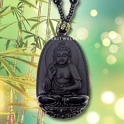 Buy Fearless Protection Amulet Hand Carved Black Obsidian Buddha Pendant Necklace UK • 6.95£