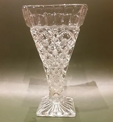 Buy Square Footed Clear Pressed Glass Vase 8.2  Tall Vintage Art Deco • 14£