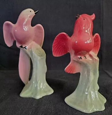 Buy Pair Vintage Mid Century 1940's Ceramic Bird  Figurines Cockatiel Mauve Pink  • 20.90£