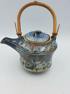 Buy Art Studio Pottery Stoneware Teapot Oriental Style Bamboo Handle Blue Floral • 38.99£