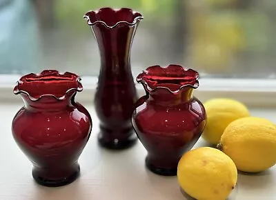 Buy Vintage Anchor Hocking Ruby Red Ruffle Top  Vases Three Sizes Collectable • 28£