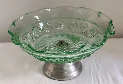 Buy Beautiful C1930 English Pressed Green Glass Fruit Bowl Metal Stand Lovely • 14.99£