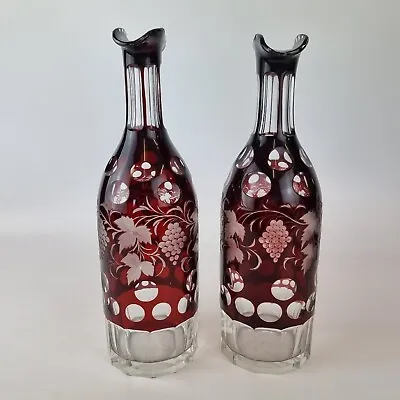Buy Antique Pair Glass Decanters Cranberry Flash Cut Etched Grape Vine Decoration • 149£