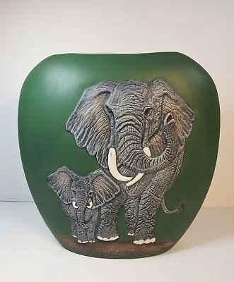 Buy Green Ceramic Vase With 2D African Elephant And Baby Raised Trunk Handpainted • 22.76£