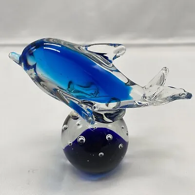 Buy Glass Art Dolphin Blue/Clear On A Ball Sphere Controlled Bubbles Paperweight • 15.34£