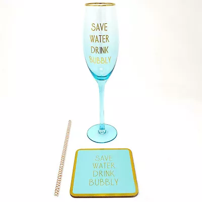 Buy Stemmed Champagne Glass Flute Novelty Prosecco Glass Coaster & Straw Gift Set NW • 10.49£