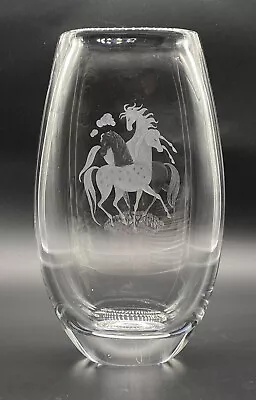 Buy BIG Signed Kosta Vicke Lindstrand Thoroughbred Horses Etched Glass Vase 10 3/4  • 274.18£