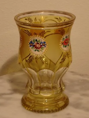 Buy Bohemian Cut Glass Amber Stained Vase Enamel Decorated Florals • 100.85£