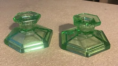 Buy Vintage Green Glass Candle Holders Pair Hexagonal Base Art Deco Home Decor • 9.99£