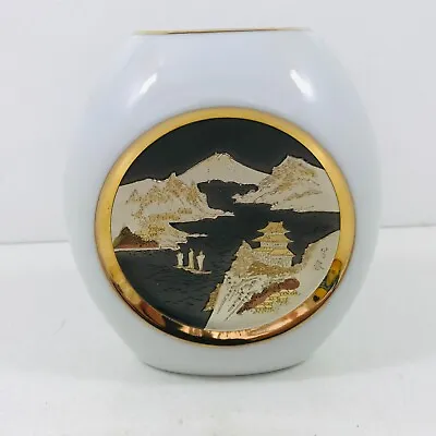 Buy The Art Of Chokin Small Vase Edged In 24k Gold Mountains Sea Houses Pattern • 6.99£