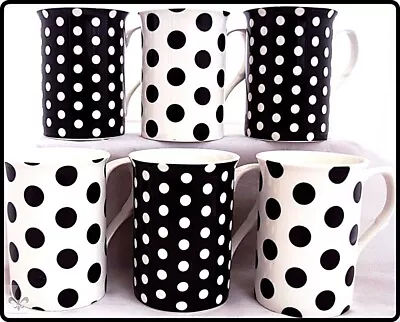 Buy Black Dots & Spots Mugs Set Of 6 Fine Bone China Castle Cups Hand Decorated UK • 29.90£