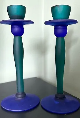 Buy Pair Of Glass Green & Blue Candle Stick Holders • 15£