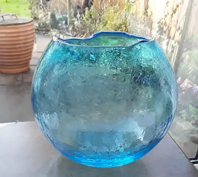 Buy Large Spherical Blue Crackle Glass Vase / Bowl  With Melted RRm - 9  Tall • 62.50£