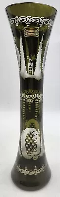 Buy EGERMANN CZECH BOHEMIAN Glass Etched Vase Olive Green 12  Stag • 48.20£