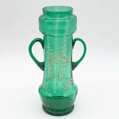 Buy Antique Victorian Green Bohemian Glass Hand Blown Twin Handle Vase Hand Painted • 29.99£