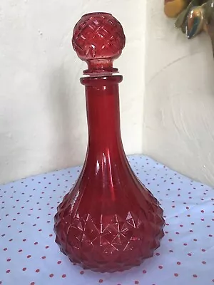 Buy Vintage Decanter Bottle Red Diamond Or Hobnail Style Texture Glass 1970s • 20£