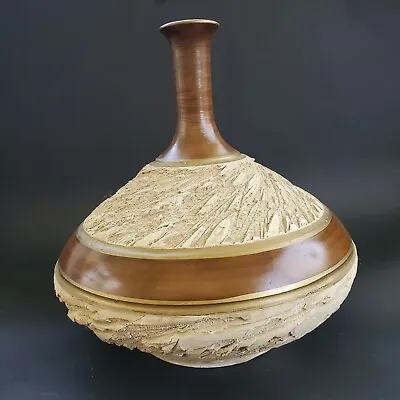 Buy Art Pottery Carved Textured Bulbous Vase Wood Grain Jug 9  Gold Trim Accent  • 33.70£