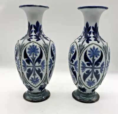Buy Pair Of Doulton Lambeth Vases C1880 Blue And White  (MM164G) • 25£