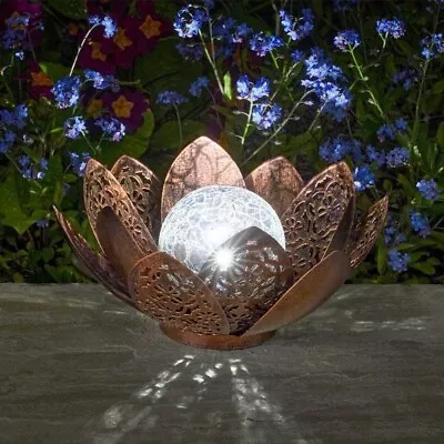 Buy Solar Lotus Flower Light LED Damasque Bronze Glass Crackle Ball Ornament 28cm • 16.99£